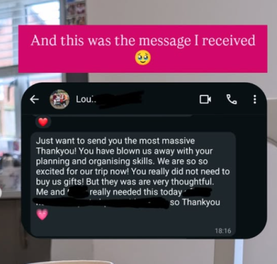 WhatsApp from client thanking me for all the planning and help